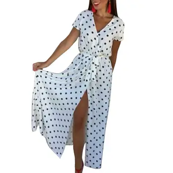 

Bohemian Women Sexy High Split Polka Dot Deep V Short Sleeve Maxi Dress
