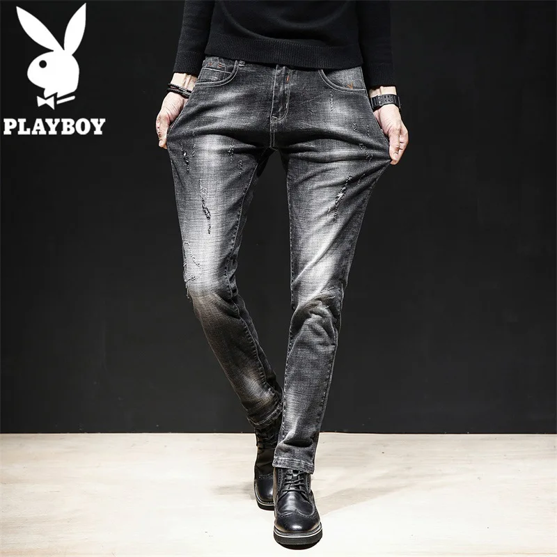 

1953 a Flower Master Jeans Men's Skinny Pants Spring Faded Teenager Black And White with Pattern Elasticity MEN'S Casual Pants