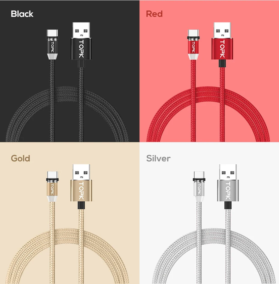 TOPK AM23 LED-Magnet-USB-Kabel, Magnet-Ladegerät und USB-Typ-C-Kabel sowie Micro-USB-Kabel und Mobiltelefonkabel für iPhone 11 x 8 7Plus