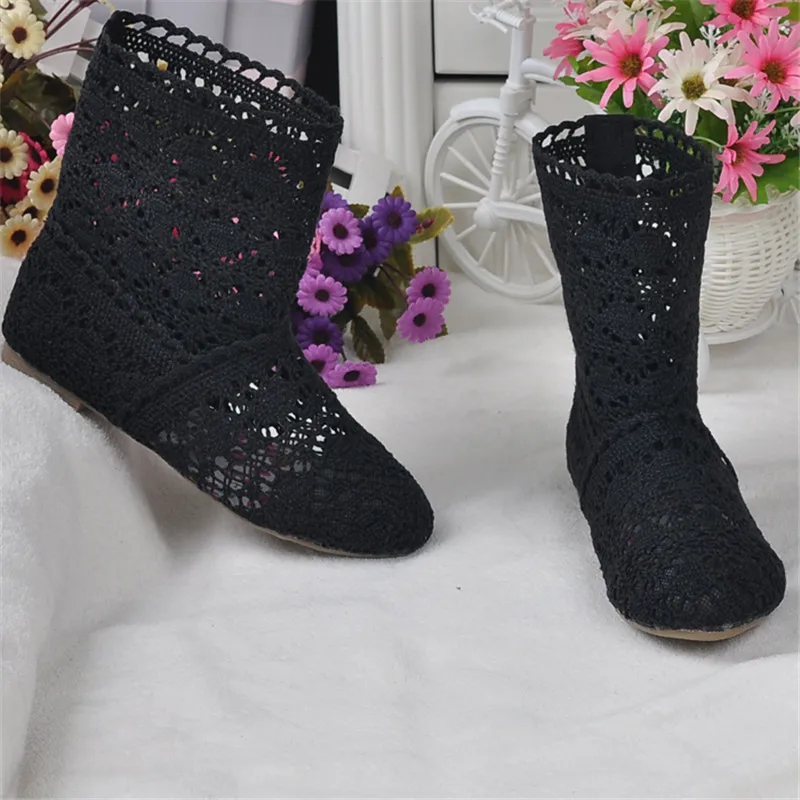 spring and autumn knitted hollow boots flat bottom mesh high / low tube breathable fashion lace boots women's shoes