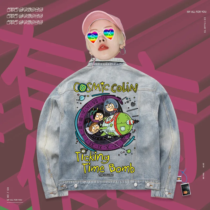 

Single-Breasted Demin Jacket Cartoon series characters space time shuttle printed Oldschool oversize coat Couples Fashion style