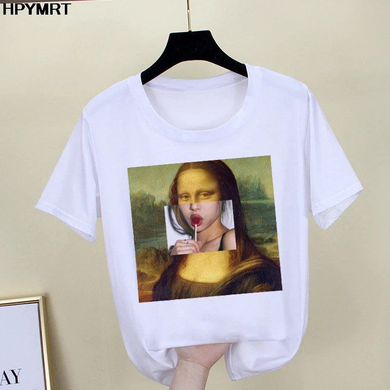 2020 New summer spoof Mona Lisa Print T Shirts Women aesthetics funny Tshirts Casual Short Sleeves Tops t-shirt Female Clothing