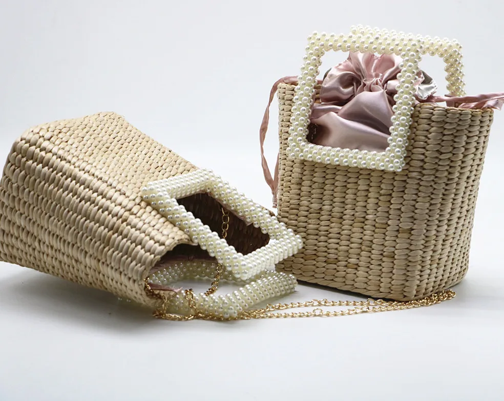 Summer Pearl Hand-woven Straw Bag Bohemian Travel Turf Grass Woven Bag Portable Diagonal Dual-use Bag Bow Decoration Female Bag