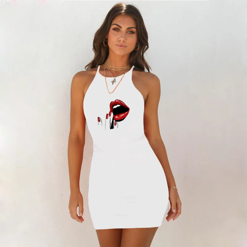 

Femme Robe Lipstick Print Woman Dress Tight-fitting Vest Short Dresses Women Beach Casual Style Party Queen Club Mini Dress
