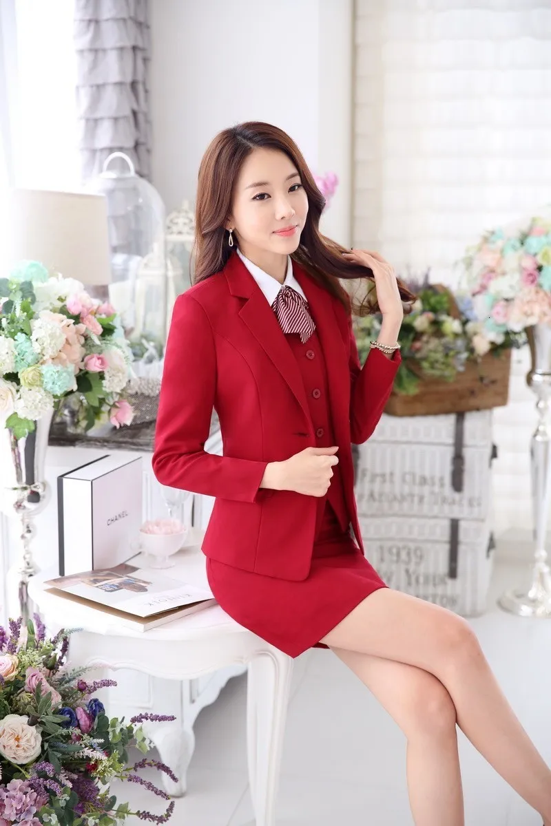 Новинка Красный формальный офисный женский стиль весна осень профессиональные деловые костюмы с куртками и Женская юбка для офиса блейзеры