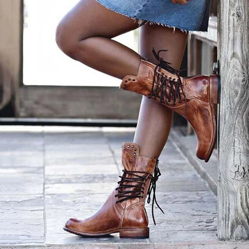 2019 Women Middle-Calf Boots Retro Motorcycle Booties Office Party Casual PU Leather Low Heel Warm Shoes Female | Обувь