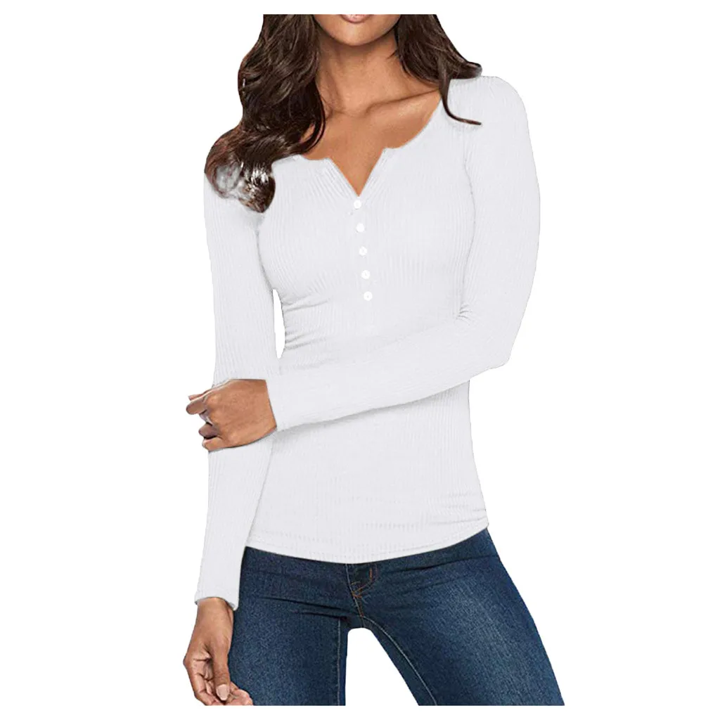 Autumn Spring Womens V Neck Shirts Long Sleeve Solid Button Down Slim Fit Basic T-shirts Tops Tees 2020 women fashion clothing