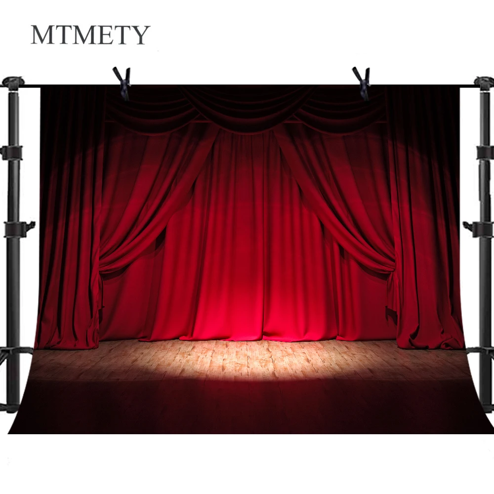

MTMETY Theater Party Crimson Curtains Wooden Floor Photography Backdrop Stage Light Background Vinyl Photo Booth Backdrop
