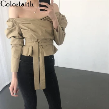 

Colorfaith New 2020 Women Summer Blouses Shirts Casual Vintage Off Shoulder Slash Neck Puff Sleeve Pleated Sashes Tops BL0823