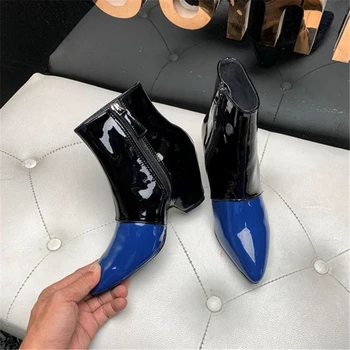

Women Patent leather pointed wedge heel boots lady Color matching Zip Ankle boots Genuine Leather shoes keep warm Autumn Winter