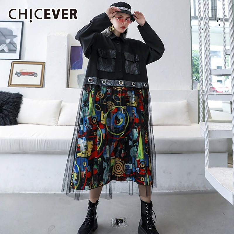 

CHICEVER Korean Patchwork Print Hit Color Dress Women Lapel Collar Long Sleeve Hollow Out Mesh Midi Female Dresses 2020 Clothes