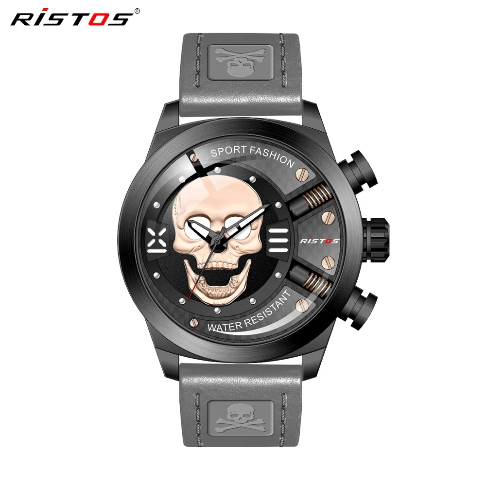 RISTOS 3D череп Личность Ретро Мода Мужские часы Прохладный Череп мужской роскошный бренд часов кварцевые Креативные Часы Relogio Masculino - Цвет: Grey PU Strap