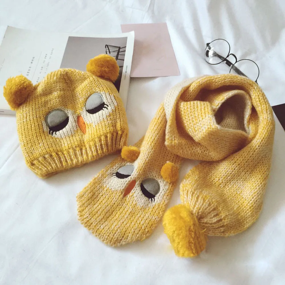 

Winter Hat Scarf Set for Baby Boys Girls Owl Pattern Infant Children Scarf Hats Caps Set