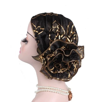

European And American Popular Headdress Hat Muslim Headwrap Cap Beauty Gauze Hot Gold Plate Loss Hair Flower Turban For Ladies