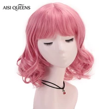 AISI QUEENS, короткие синтетические парики с челкой, волнистые волосы розового и фиолетового цвета для женщин, косплей, натуральный парик