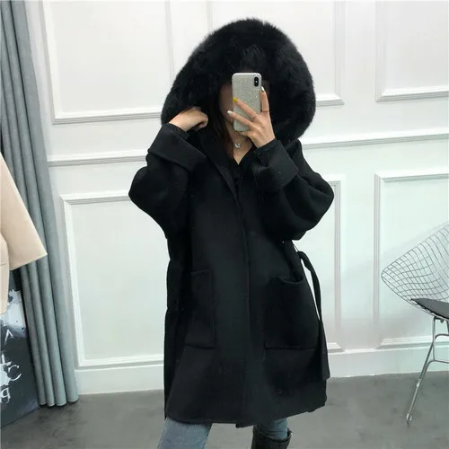 black Женское кашемировое пальто OFTBUY, с натуральным лисьим мехом на капюшоне, зимняя шерстяная дамская куртка на каждый день - Цвет: black