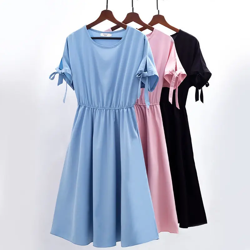 

Summer Chiffon Dress Casual Solid O Neck Bow Short Sleeve Elastic Waist A-line Blue Dress Lady Boho Beach Party Dresses Vestidos