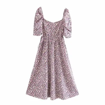 

New 2020 women elegant square collar puff sleeve flower print casual slim midi dress chic female waist hollow out vestido DS3828