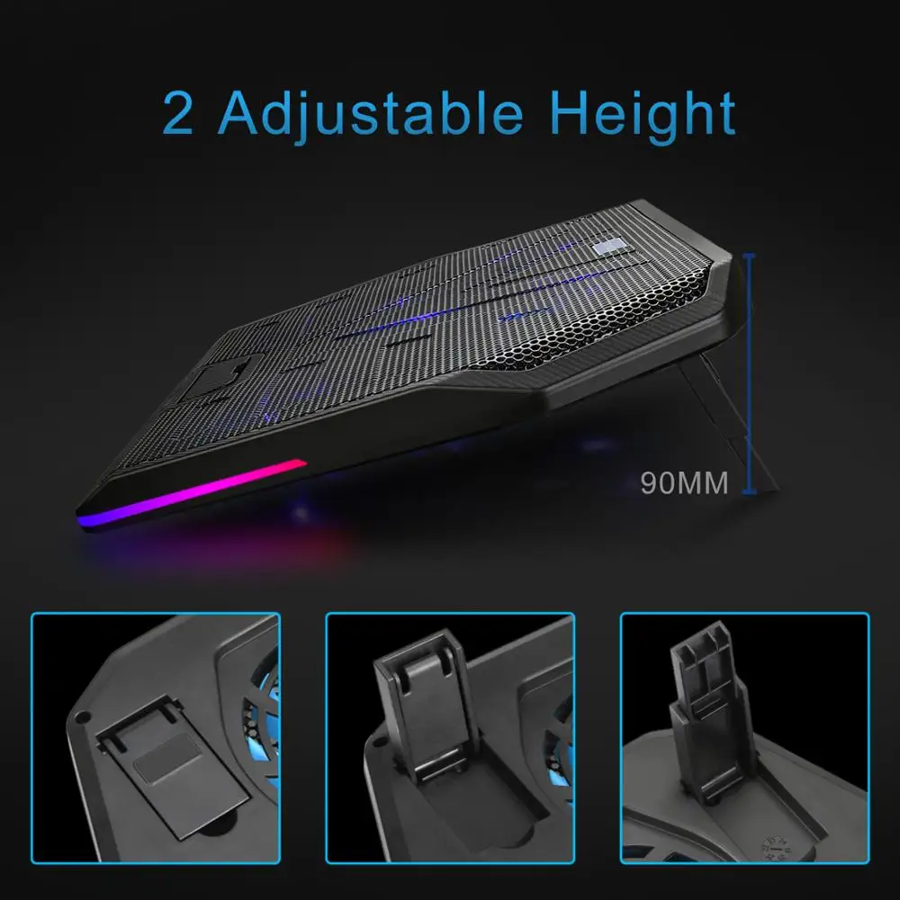 TeckNet Gaming Laptop Cooler Notebook Cooling Pad 5 RGB LED Fans Powerful Air Flow Adjustable Cooling Pad For 12-17 inch Laptop