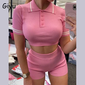 

Giyu Sexy Knitted Tracksuit 2 Piece Set Women 2020 Summer Casual Slim Bodycon Two Piece Set Sport Gym Crop Tops Short Sets