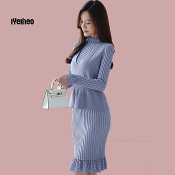 

S-XXL New Women's Knitting Dress Suits Winter Autumn 2019 Fashion Sweet Sleeveless Tanks Tops Knitted Dress 2 Piece Sets Female