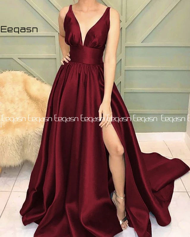 Eeqasn Elegant A Line V Neck Emerald Green Long Prom Dresses Slit Satin Women Formal Graduation Evening Dress 2020 Plus Size