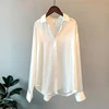 Cut Price White Shirt Office Blouse Button-Up Oversize Satin Long-Sleeve Black Green Casual Women's 4000872719086