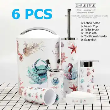 

6PCS Bathroom Accessory Set Washing Tools Bottle Mouthwash Cup Soap Toothbrush Holder Waste Bin Toilet Brush Household Articles