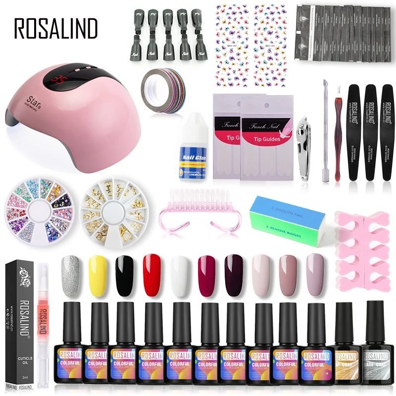 ROSALIND 10 мл маникюрный набор гель-лаков для ногтей УФ светодиодный гель-лампа Гибридный лак для полупостоянного нейл-арта набор инструментов Базовый Топ праймер