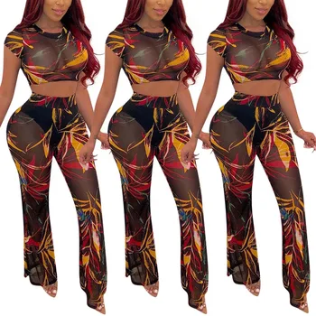 

New print Mesh beach cover ups sexy women see through Top+long pants bikini swimwear bathing suit cover ups beachwear outfits