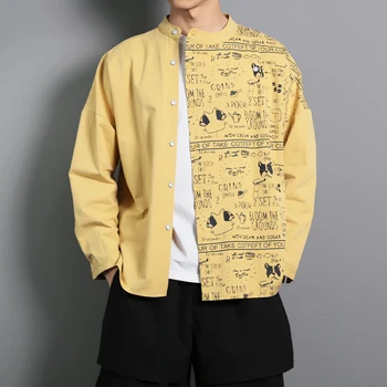

Long Sleeve Korean Shirts For Men Vintage Graffiti Printed Designer Shirt Men High Quality Yellow Mens Streetwear Blouses Tops