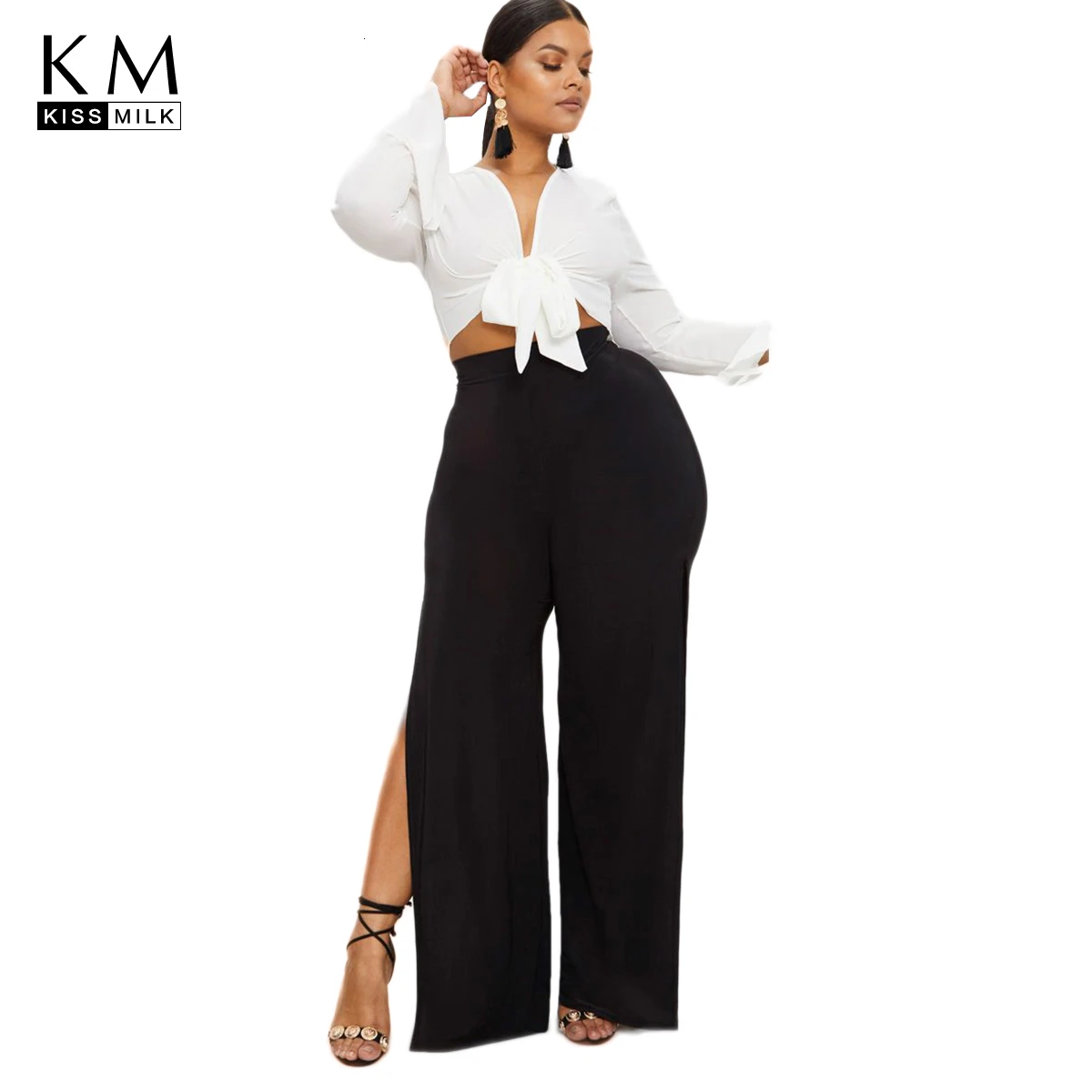 

Kissmilk Plus Size Woman Clothes Solid Color Simple Side High Split High Waist Wide Leg Pants