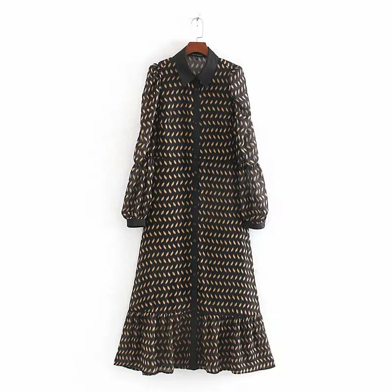 Beste 2020 Nieuwe Vrouwen Vintage Geometrische Chiffon Shirtwaist Hem Ruches Midi Jurk Vrouwelijke Chic Puff Mouwen Leisure Jurken DS3126