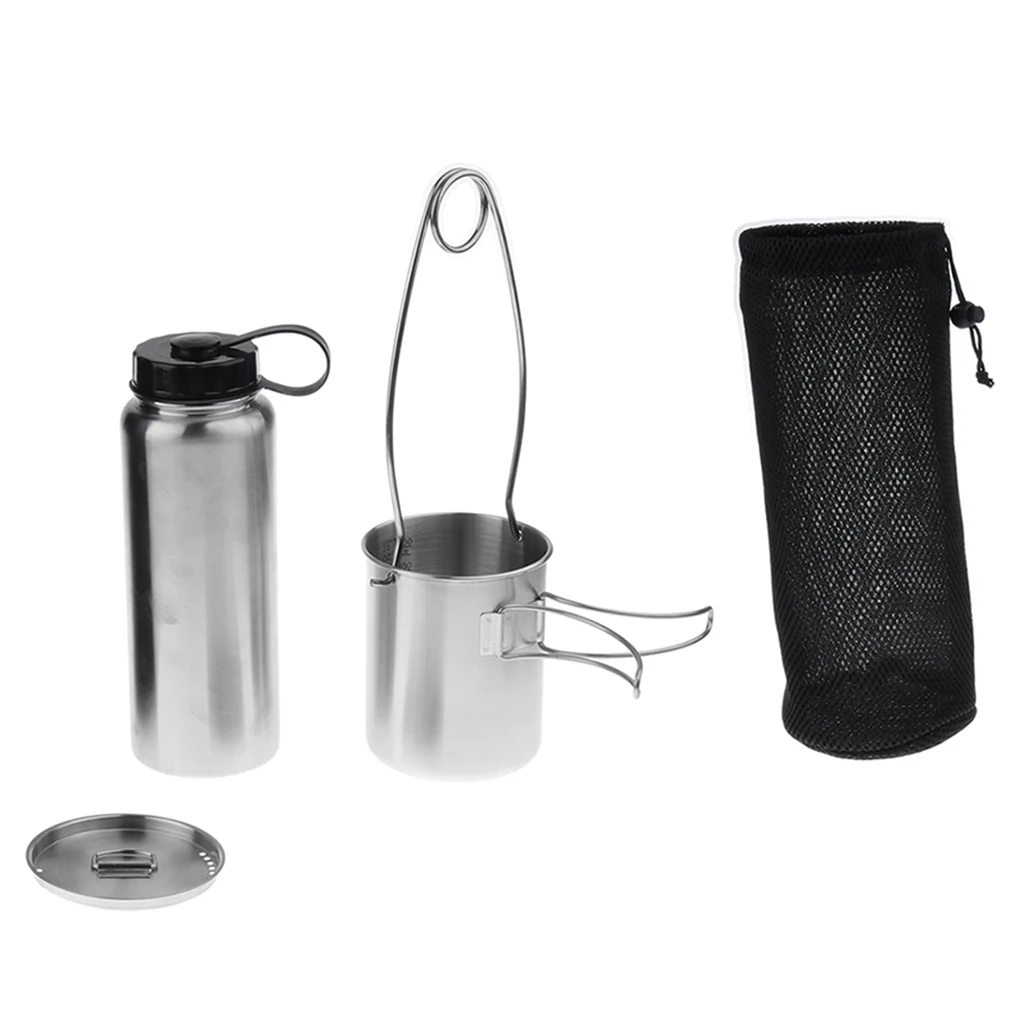 Stainless Steel Leak Proof 1L Water Bottle + 750ml Foldable Cup + Mouth Spreader Hanger + Storage Bag