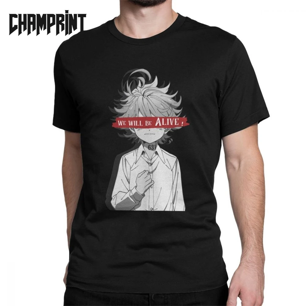 

We Will Be Alive The Promised Neverland Men's T Shirts Emma Manga Norman Ray Vaporwave Anime Tee Short Sleeve T-Shirts Cotton