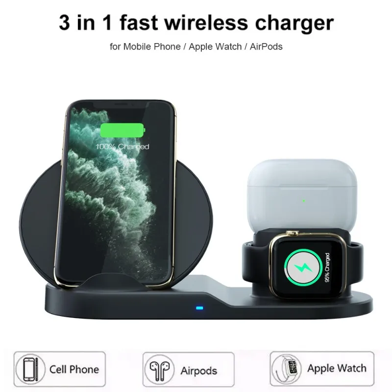 3 в 1 Qi Быстрое беспроводное зарядное устройство Подставка для iPhone 8 X Plus для Apple Watch зарядная док-станция для Airpods Pro