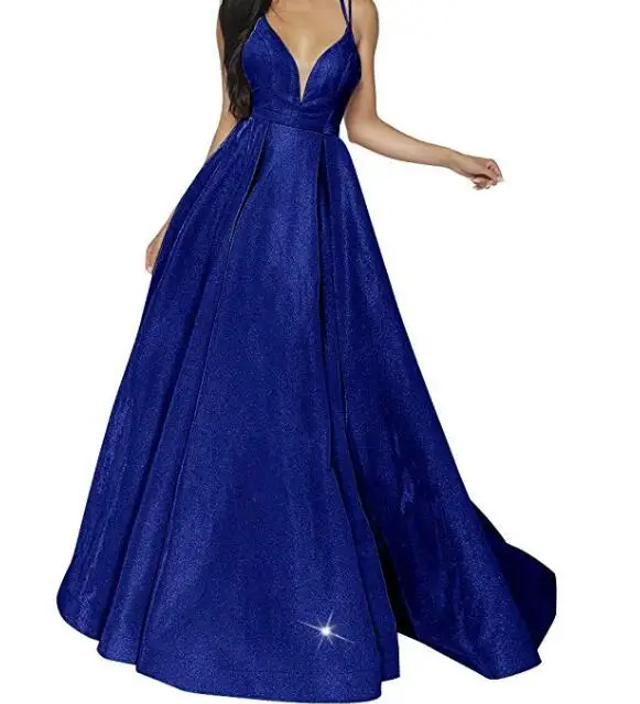 Royal blue Элегантное вечернее платье, длинное, официальное, v-образный вырез, на тонких бретелях, блестящая ткань, длина до пола, платья для выпускного вечера, vestido de festa - Цвет: Royal blue