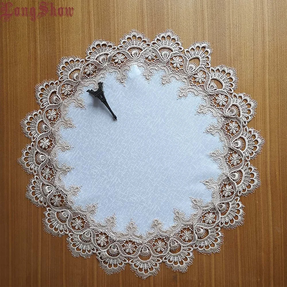 

1Lot/2Pcs 60x60cm White Color 100% Polyester Vintage Gold Lace Trim Embroidered Round Placeamat Table Cover