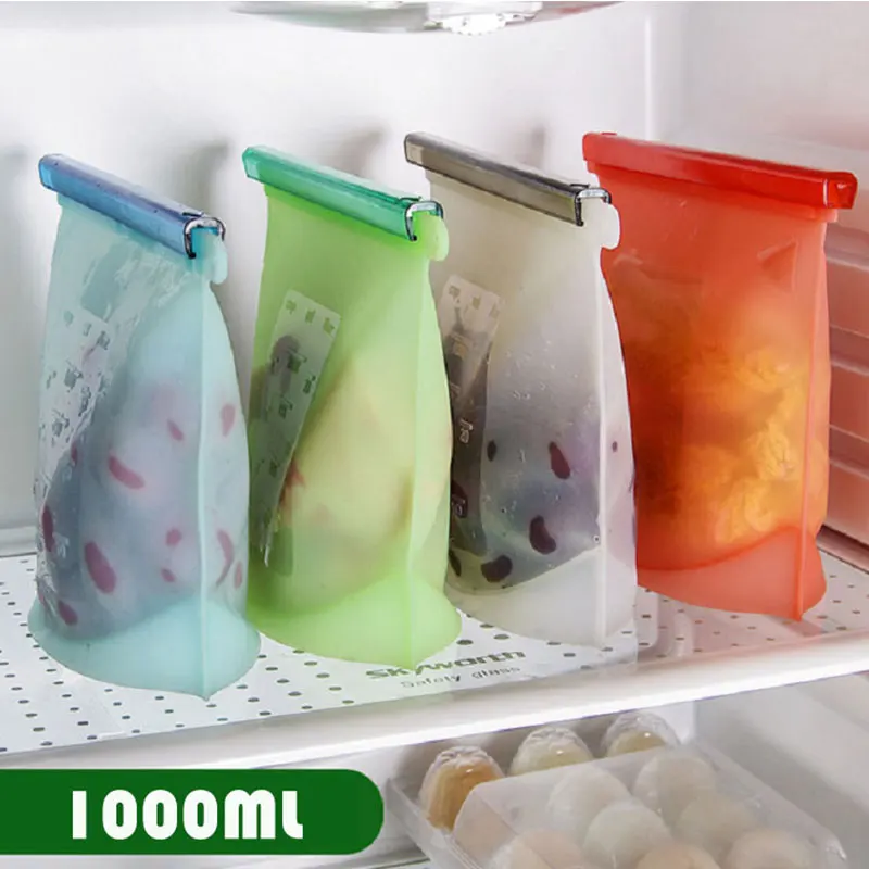 

4Pcs 1000Ml Silicone Food Bag Reusable Silicone Food Bag Ziplock Bag Leakproof For Freezer Preservation Multiple Purposes