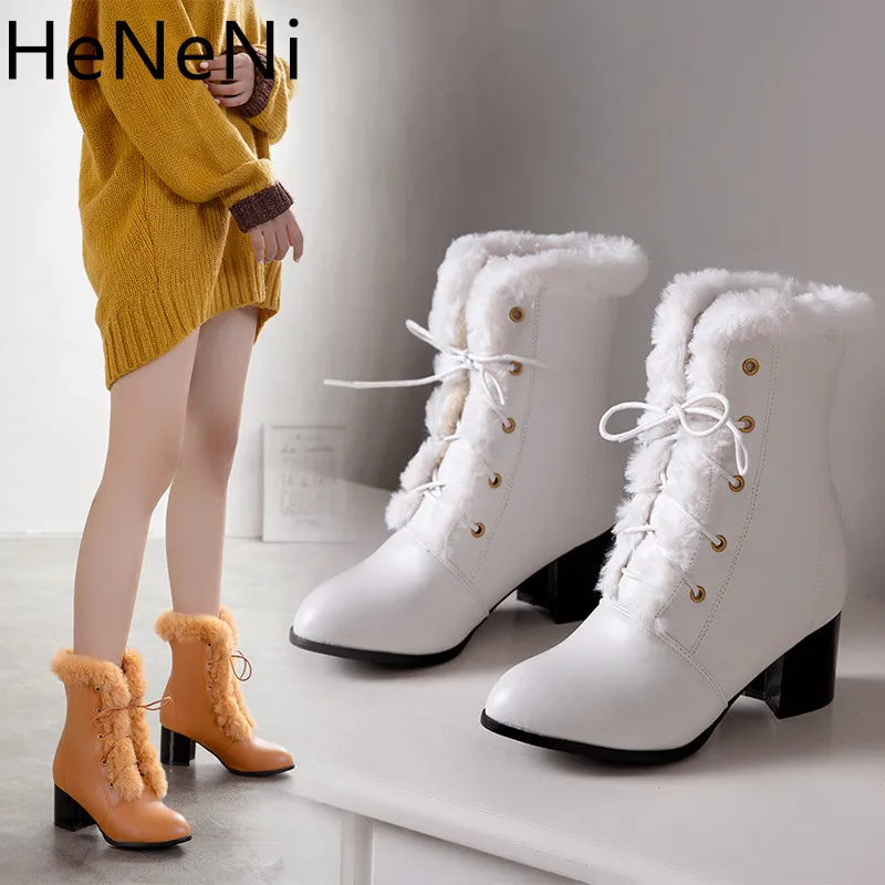 

2019 Winter fur Women Ankle Boots High Quality Solid Lace-up Ladies Square heel shoes Fashion high heels Boots Botines Mujer 33