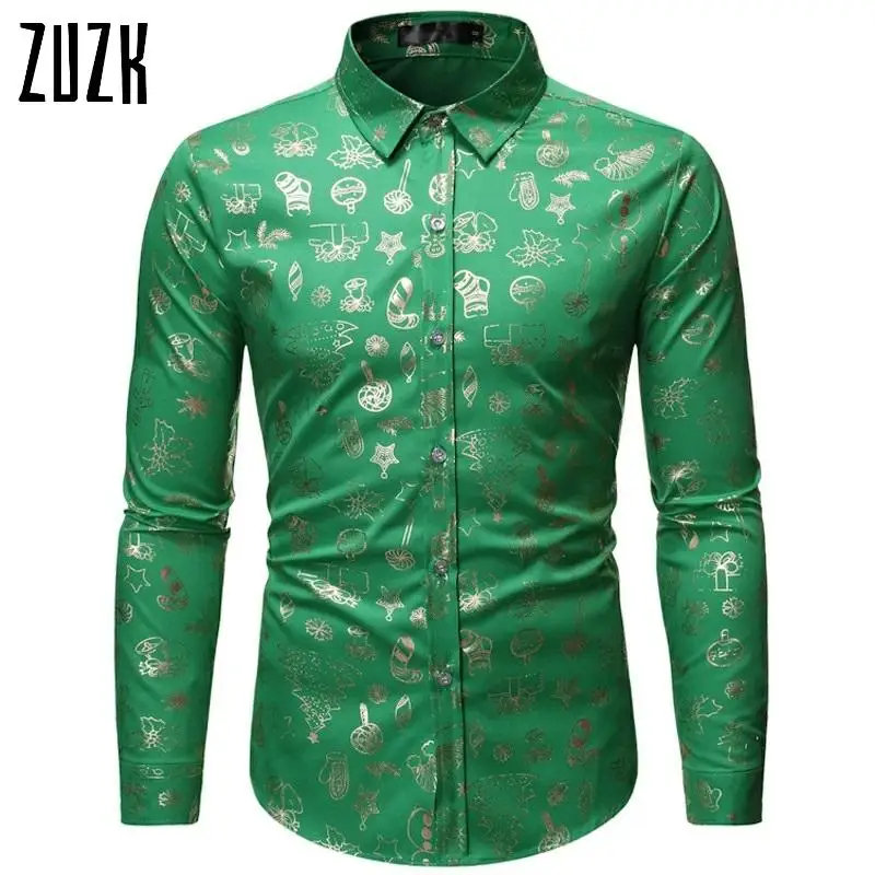 

4 Colors Mens Christmas Shirt Casual Slim Fit Men Shirts Bronzing Printed Long Sleeve Button Up Shirt Men XS-XL