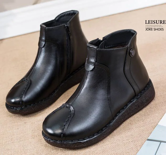 

Autumn And Winter Genuine Leather Ethnic-Style Flat Casual Women's Boots plus Velvet Comfortable Short Boots Mom Shoes Soft Bott