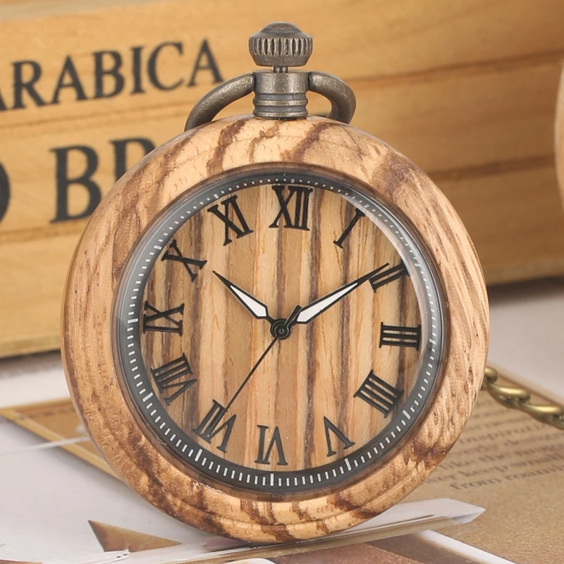 Zebra деревянные кварцевые карманные часы римские цифры Круглый циферблат светящиеся иглы деревянные часы цепочка часы FOB подарки Relojes De Bolsillo