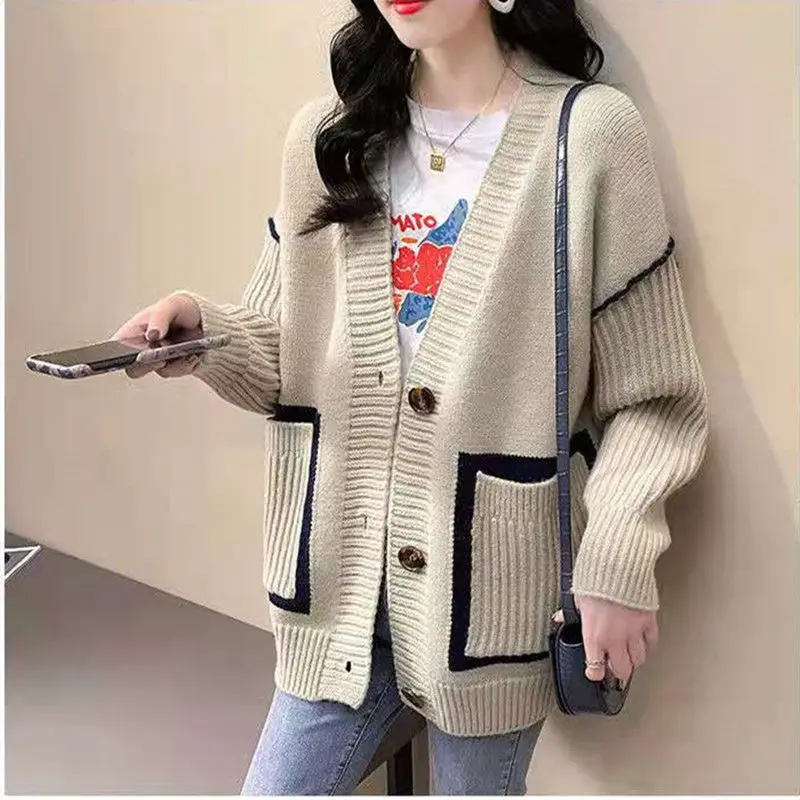 

Beige Japan Casual V-neck Pocket Fashion Simple Knitted Women Sweater Cardigan Coat Autumn Top Girl Cloth Clothing Loose coat