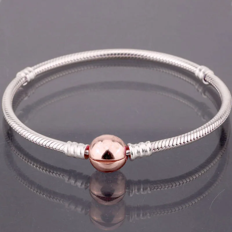 Розовый& Золотой круговой застежкой змея цепочка браслет на запястье подходит бусины из стерлингового серебра 925 Шарм Diy Европа ювелирные изделия