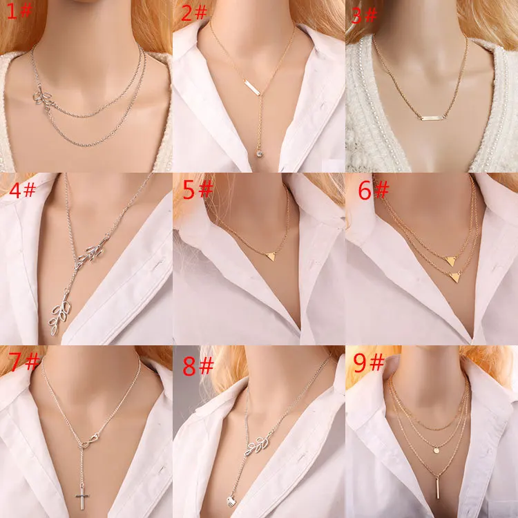 

European and American explosions short chain 8 word cross bird tree leaves double multilayer necklace