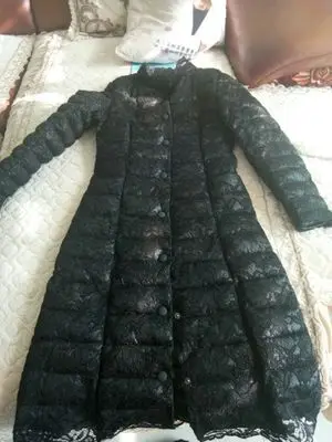 HANZANGL пуховая хлопковая куртка для женщин, новинка, зимняя Корейская версия, тонкая, кружевная, выше колена, длинное пальто, парки, белый/серый/черный