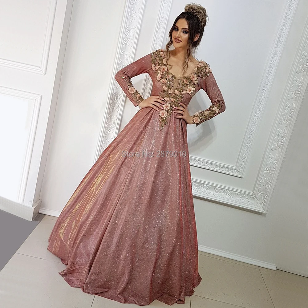 

2020 Elegant Scoop A-Line Evening Dress Long Sleeves Floor-Length Applique Prom Dress Robe De Soiree Aibye Middle East Arabia