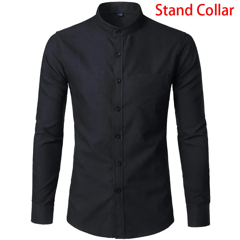 Black Stand Collar Фиолетовая оксфордская Мужская одежда, рубашки,, фирменная Новинка, стоячий воротник, Chemise Homme, Повседневная Облегающая рубашка с длинным рукавом, Camiseta Masculina 4XL - Цвет: Black Stand Collar