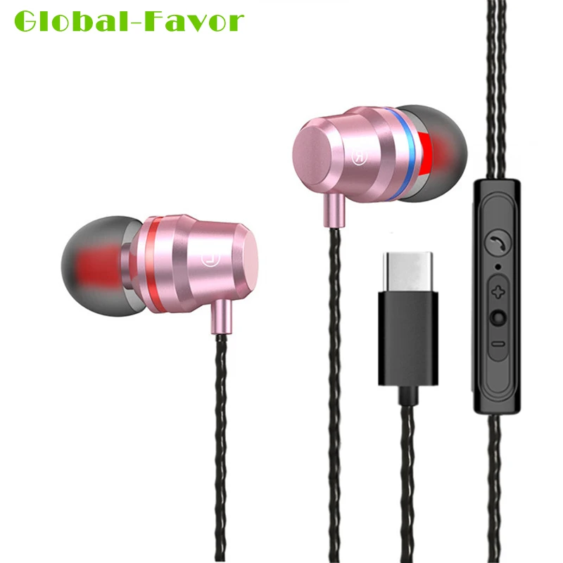 Global Favor type-c plug Наушники-вкладыши 120 см Высокое качество проводные наушники с микрофоном Регулятор громкости для android смартфон - Цвет: Розовый